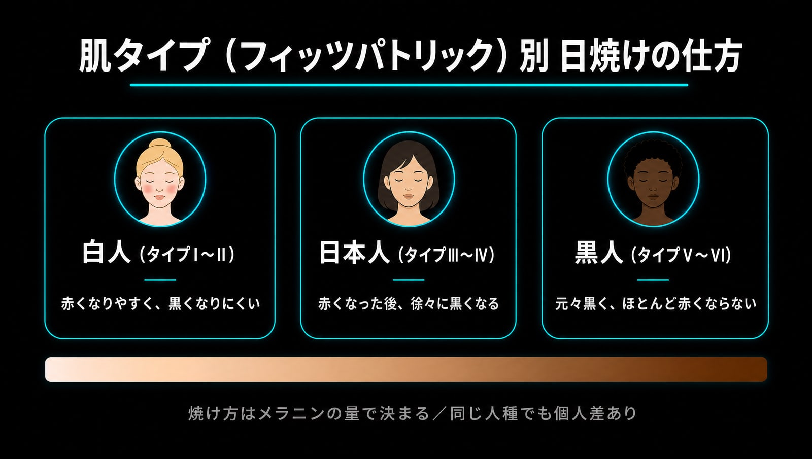 肌タイプ（フィッツパトリック）別の日焼けの仕方：白人I〜IIは赤くなりやすく黒くなりにくい、日本人III〜IVは赤くなった後黒くなる、黒人V〜VIは元々黒い